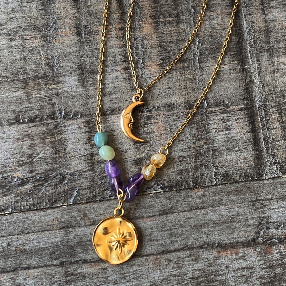 NEW Crescent Moon & Stone Layering Necklace Set